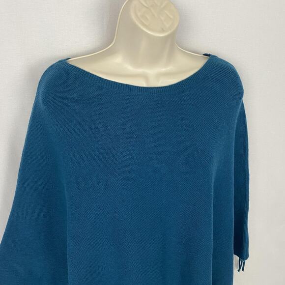 J Jill Sweater Poncho Womens XL 1X 2X 3X Teal Blue Fringe Jewel Tone Cozy NEW - Picture 3 of 11